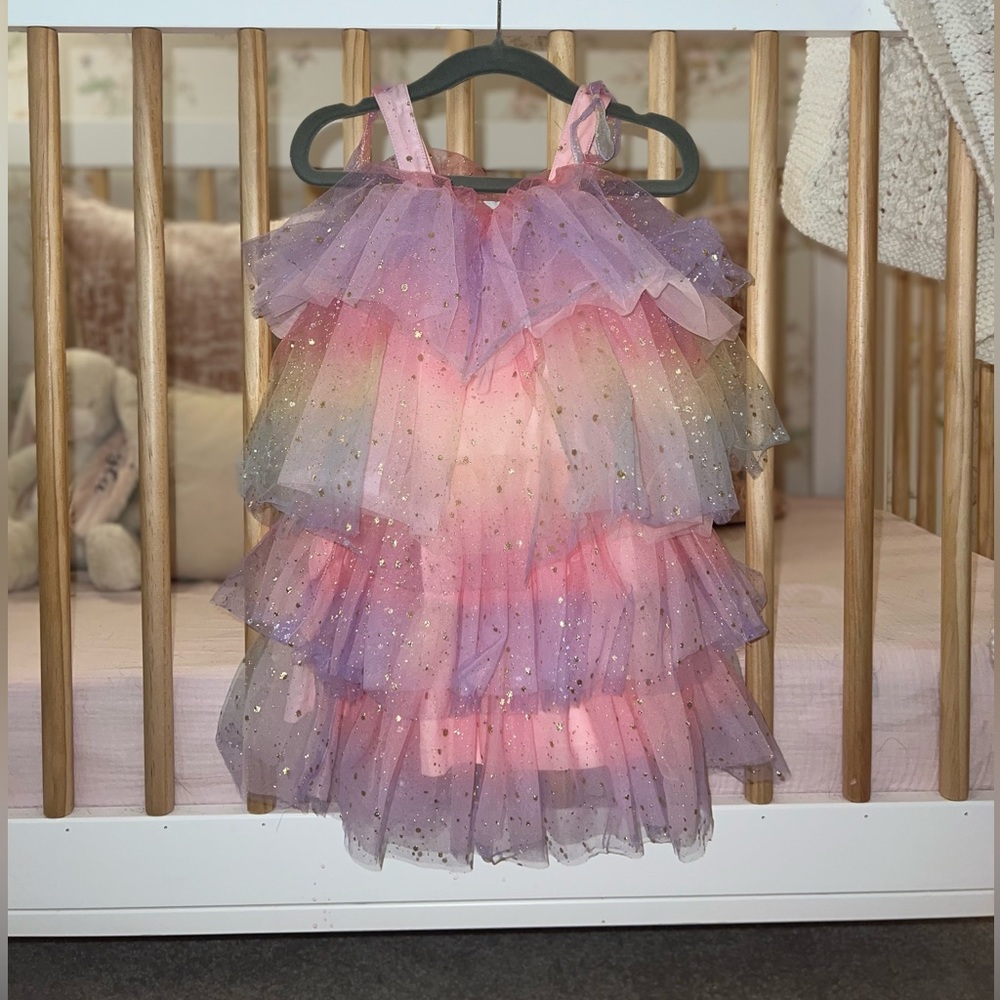 Isobella & Chloe Pink Purple Rainbow Tulle Tiered Dress